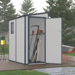 Abri De Jardin Adossé En Résine Gris Clair 2,09m² + Kit De Fondation - JOBU