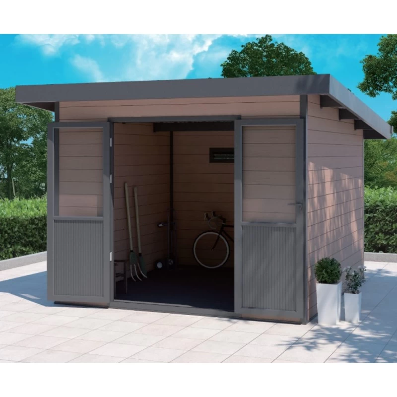 Abri De Jardin En Bois Composite 28mm Aspect Bois Vieilli 9m² PREMIUM Toit Plat - Woodlife Garden – Image 3