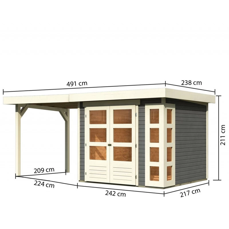 Abri De Jardin En Bois Massif Gris Terre 5,25m² Kerko 3 Avec Appentis 240cm – Karibu – Image 2