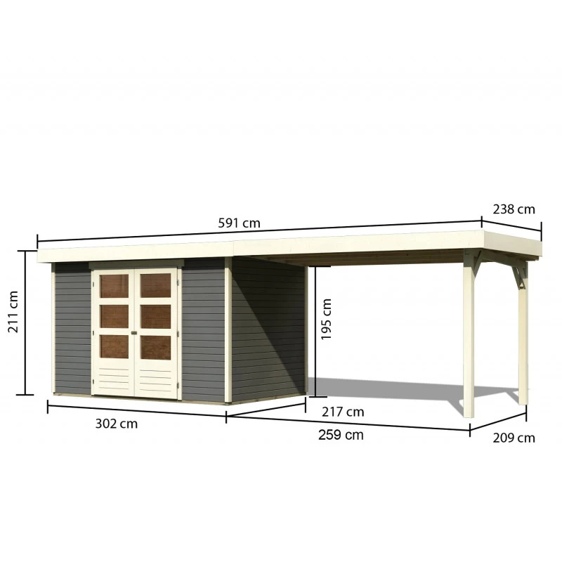 Abri De Jardin En Bois Massif Gris Terre 6,55m² Askola 4 Avec Appentis 280cm – Karibu – Image 2