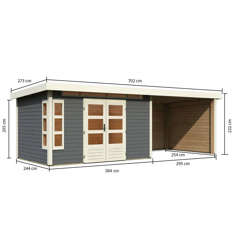 Abri De Jardin En Bois Massif Gris Terre 8,88m² Kastorf 7 Avec Appentis 320cm Et Paroi Arrière Et Latérale – Karibu – Image 2