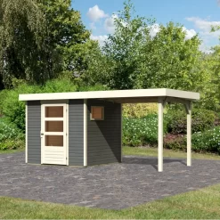 Abri De Jardin En Bois Gris Terre 4,62m² Freiburg 2 Avec Appentis De 2,40 M - Karibu