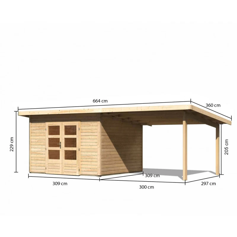 Abri Toit Plat 9,55m² Bois Massif 40mm Northeim 3 Avec Appentis 330cm – Karibu – Image 2