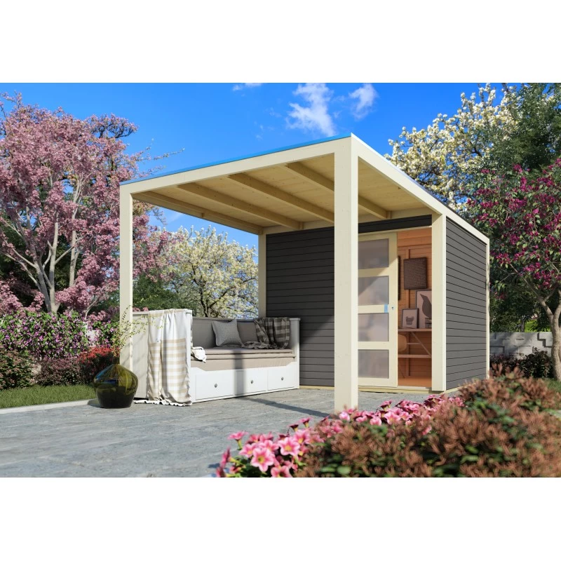 Abri Toit Plat En Bois Massif 19mm Qubic 6,05m² + Appentis 5,6m² Gris Terre - Karibu – Image 3