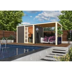 Abri Toit Plat En Bois Massif 19mm Qubic 6,05m² + Appentis 5,6m² Gris Terre - Karibu