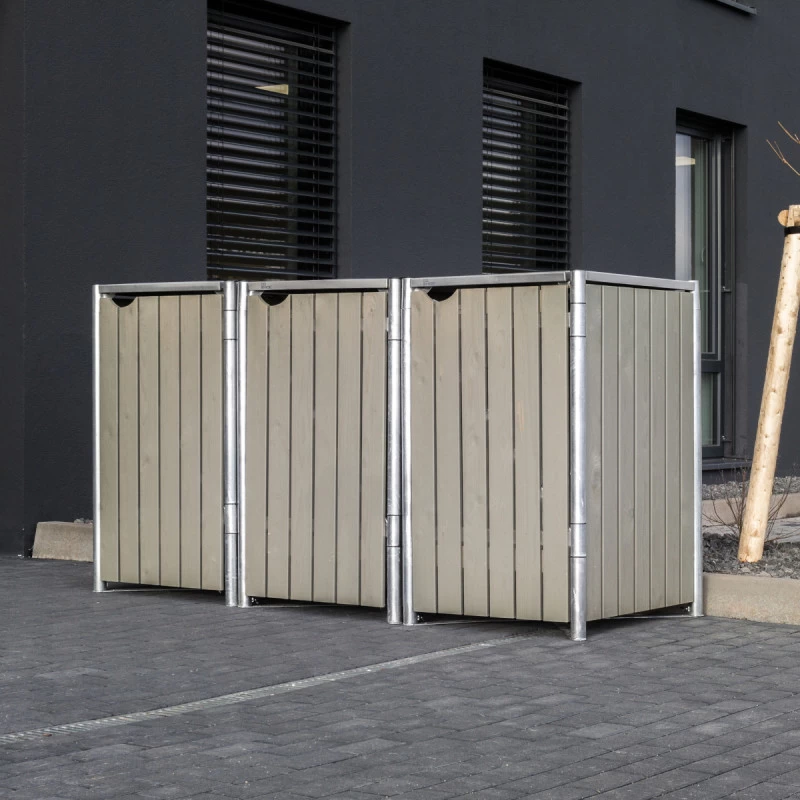 Cache-poubelle 3 Compartiments Müllbox En Bois Traité Gris 3x140L – HIDE – Image 3