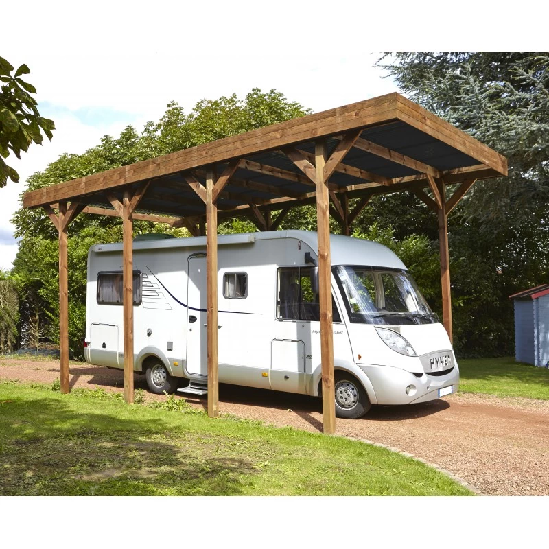 Carport Camping Car 32,40m² En Bois Autoclave Teinté Marron Forest Style