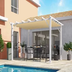Pergola 100% Aluminium Coloris Blanc 12m² Avec Toile D'ombrage écru 140gr/m² HABRITA