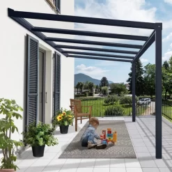 Pergola Adossée Stockholm 350x368cm Aluminium Gris Et Polycarbonate Avec Stores De Toit Rétractables – Palram - Canopia