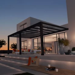 Pergola Adossée Stockholm 350x590cm Aluminium Gris Et Polycarbonate Avec Stores De Toit Rétractables – Palram - Canopia