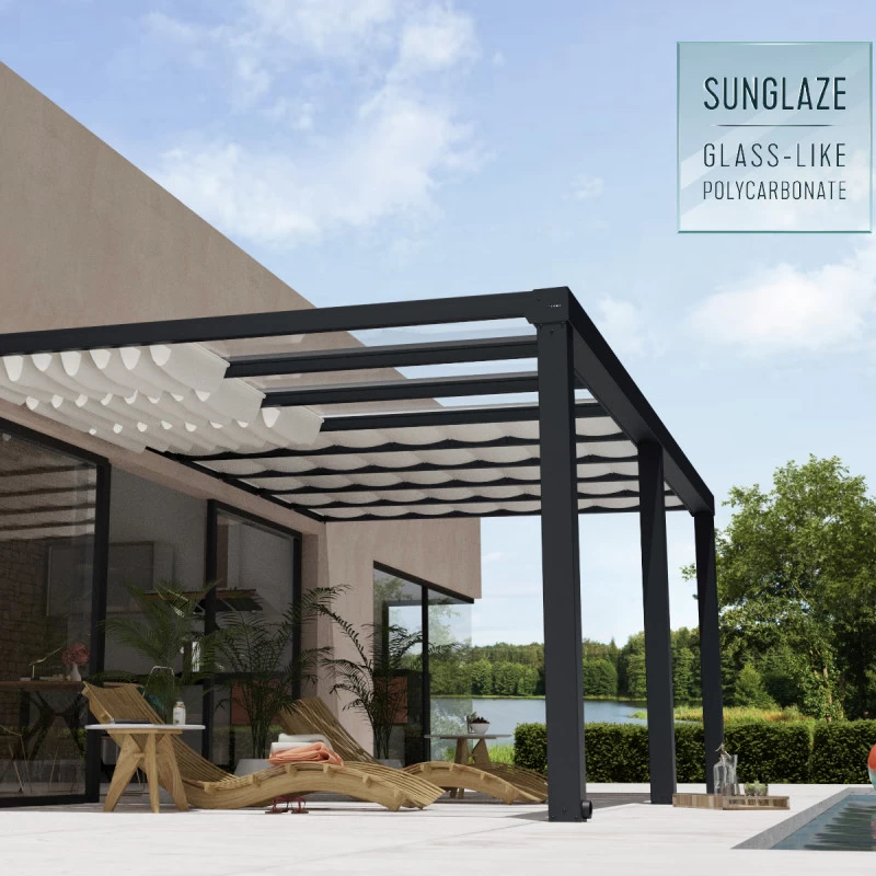 Pergola Adossée Stockholm 350x590cm Aluminium Gris Et Polycarbonate Avec Stores De Toit Rétractables – Palram - Canopia – Image 4