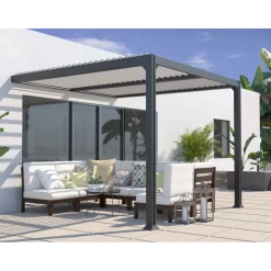 Pergola Adossée Bioclimatique 300x300cm Lames 13cm - Gris - MIAMI - Couleurs Du Monde