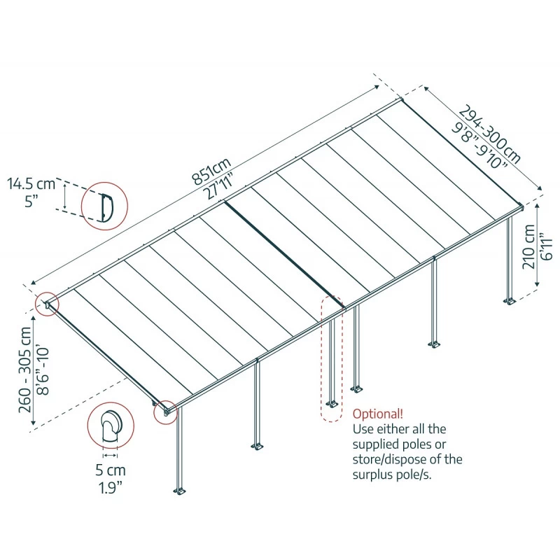 Toit De Terrasse 300x851cm En Aluminium Gris Et Polycarbonate 8mm FERIA - Canopia By Palram – Image 3
